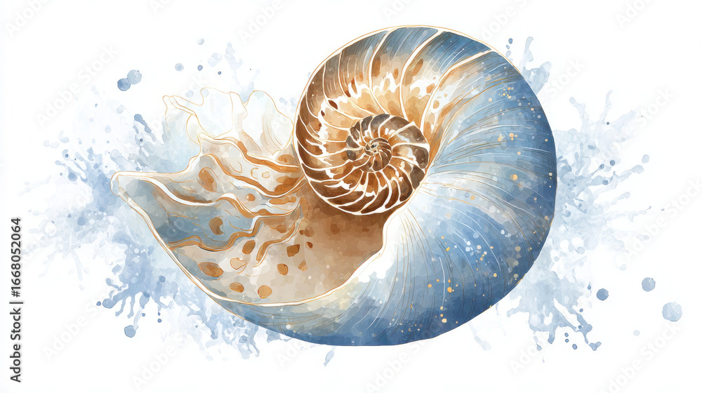 Obraz premium A delicate watercolor painting of a nautilus shell evokes a cozy, kawaii vibe, perfect for serene settings.