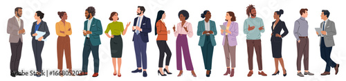 Different business team members standing, talking, communicating, taking part in business activities, meeting, brainstorming, coffee break. Multiracial people vector illustrations isolated.