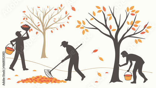 Silhouetted figures collecting fallen autumn leaves; one raking, one gathering, and another placing leaves into a basket under trees.