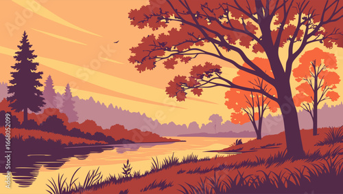 An illustration of a tranquil river scene with trees in autumn colors under a warm, golden sky.