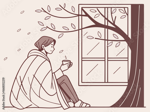 Warm autumn evening, rain outside, hot coffee and autumn, September