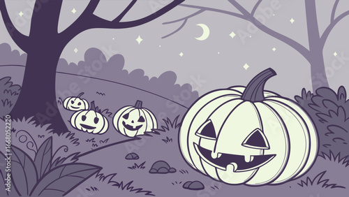 Three carved pumpkins with smiling faces sit on a path in the woods under a starry, moonlit night.