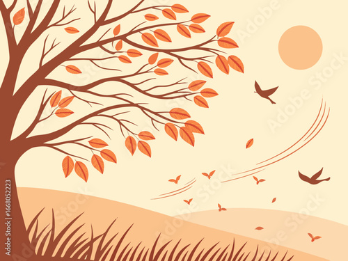 Golden leaves falling in sunlight, autumn season. Autumn maple leaves in vibrant orange and red hues falling. Autumn leaves falling in park
