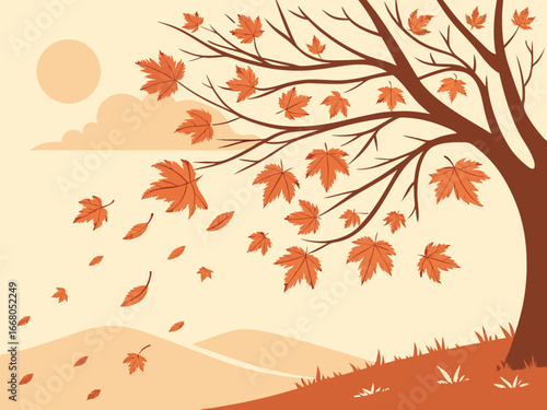 Golden leaves falling in sunlight, autumn season. Autumn maple leaves in vibrant orange and red hues falling. Autumn leaves falling in park