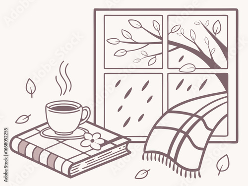 Warm autumn evening, rain outside, hot coffee and autumn, September