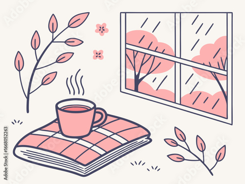 Warm autumn evening, rain outside, hot coffee and autumn, September