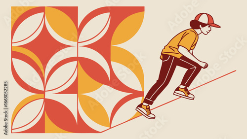 Illustration of a young person in a cap climbing a diagonal line, with a geometric leaf pattern in the background.