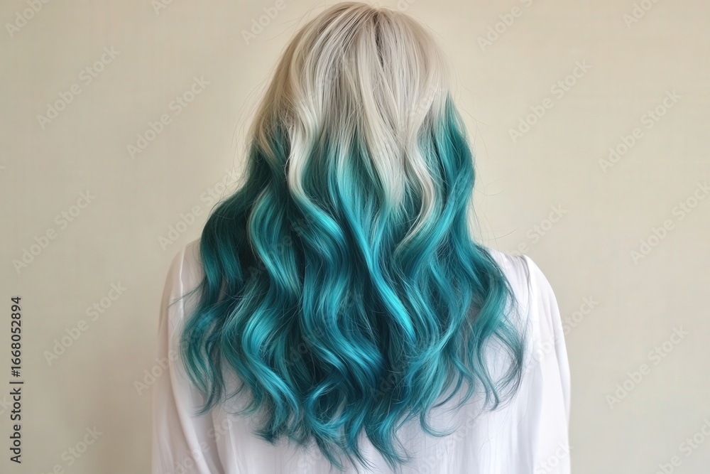 Naklejka premium Vibrant teal ombre highlights accentuate a woman's wavy blonde hair, creating a striking and stylish look.