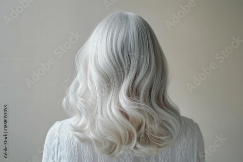 A  beautiful head and shoulders view of elegant, wavy, silver-toned hair against a neutral backdrop.