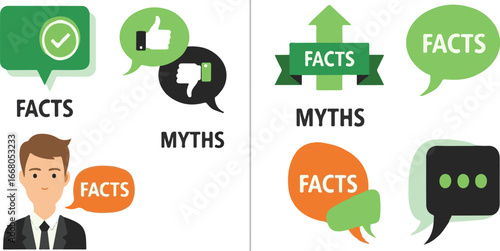Facts versus Myths flat vector icons set for communication, truth, and misinformation comparison graphic
