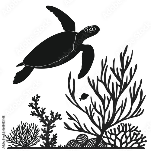 Sea turtle gliding above coral reef silhouette