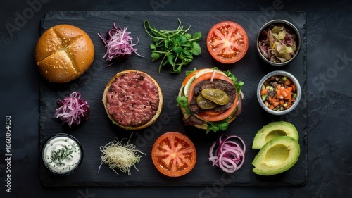 Gourmet burger ingredients arranged in flat lay composition on dark slate featuring premium beef patty, brioche bun, fresh vegetables and artisanal condiments