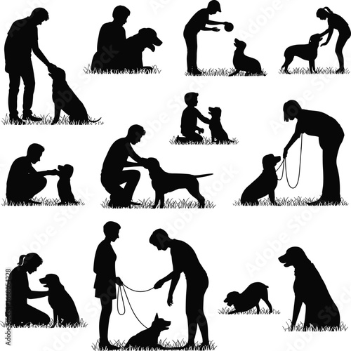 Silhouette set of dog training, obedience, pet care, walking, playful interaction, trainer commands, human bonding with dogs, black vector