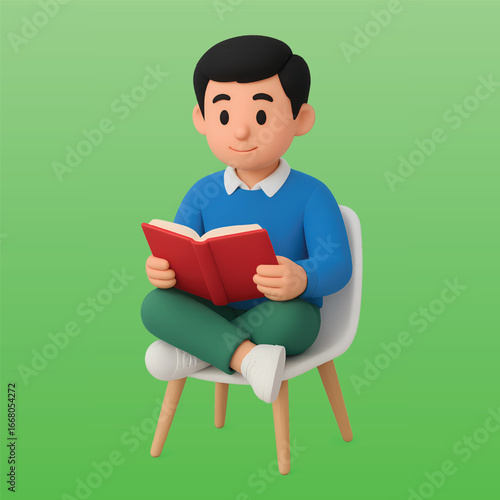3D Illustration of Man Sitting on Chair Reading Book