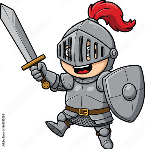 Cartoon knight child with sword and shield, wearing armor, medieval warrior costume, happy brave kid character, fantasy battle concept illustration