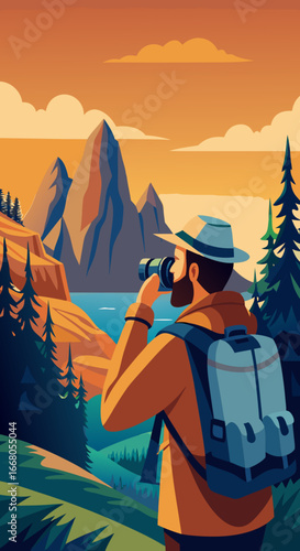 A Hispanic man with a beard, wearing a sustainable outdoor jacket and a backpack, looking at a mountain peak through binoculars. He is on a hiking trail at sunrise. The scene is in a national park wit