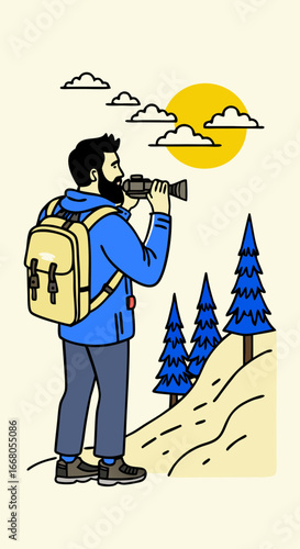 A Hispanic man with a beard, wearing a sustainable outdoor jacket and a backpack, looking at a mountain peak through binoculars. He is on a hiking trail at sunrise. The scene is in a national park wit