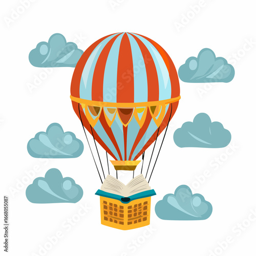 Hot Air Balloon with Basket Made from an Open Book, Soaring Over Clouds, Vector Flat Design, Adventure in Reading Concept

