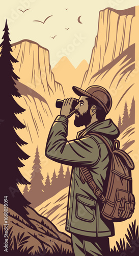 A Hispanic man with a beard, wearing a sustainable outdoor jacket and a backpack, looking at a mountain peak through binoculars. He is on a hiking trail at sunrise. The scene is in a national park wit