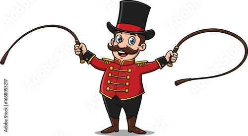 Cartoon circus ringmaster with top hat, red coat, mustache, and whip, entertaining pose, vector illustration on white background