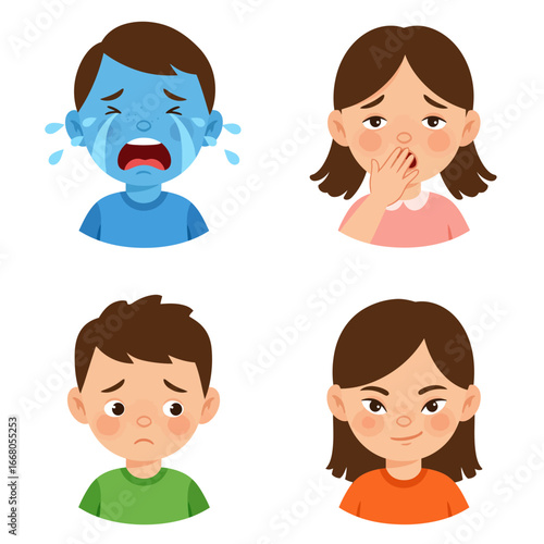 Cartoon faces showing different emotions crying sick sad and angry.