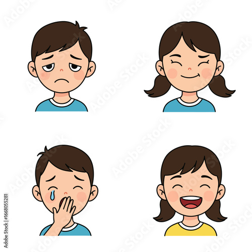 Cartoon Faces Expressing Emotions Sad Happy Crying and Laughing.