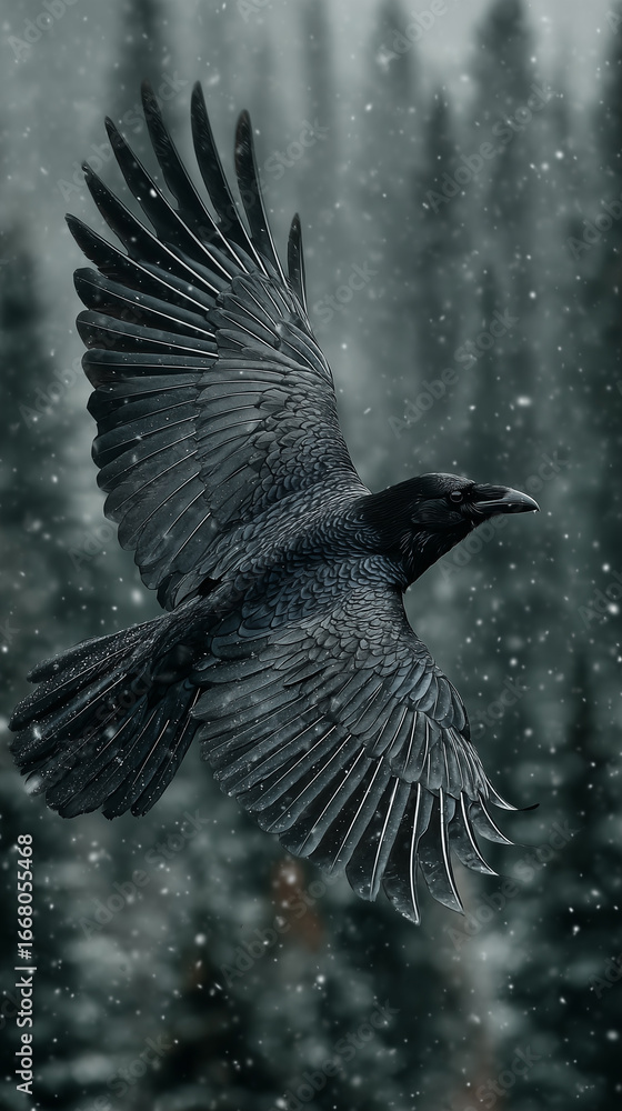 Fototapeta premium A raven, wings outstretched, soars through the winter air, snowflakes settling on its black plumage, and a blurry forest can be seen behind it. 