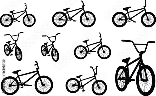 BMX bike silhouette collection, vector bicycles, freestyle bike illustrations, black bike clipart, extreme sports bikes, cycling silhouettes, BMX stunt graphics