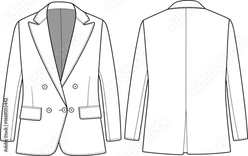Double-breasted blazer flat sketch with lapel collar, front and back view, fashion technical drawing, vector jacket illustration design