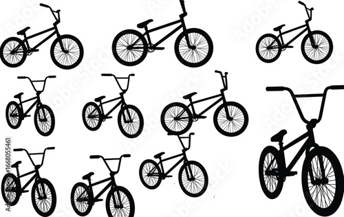BMX bike silhouette collection, vector bicycles, freestyle bike illustrations, black bike clipart, extreme sports bikes, cycling silhouettes, BMX stunt graphics