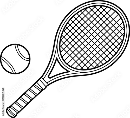 High-quality vector illustration of a tennis racket and ball, sports equipment, professional tennis, fitness, active lifestyle, athletic gear