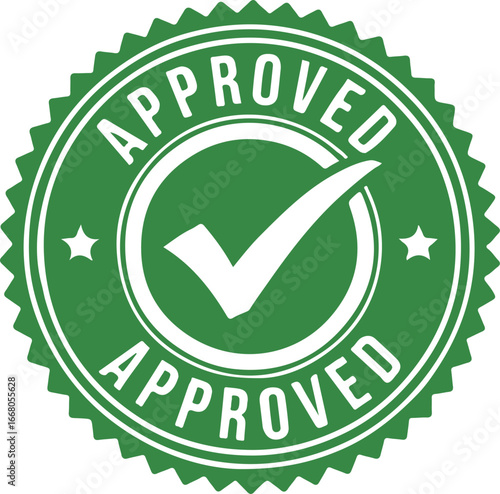 Approved green certification stamp vector badge with white checkmark for validation and quality assurance