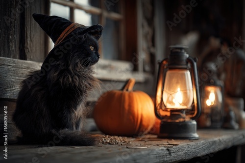 A black cat wearing a witch's hat sits amidst autumnal pumpkins and antique lanterns, bathed in warm, rustic light.