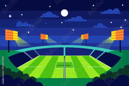 Soccer stadium illuminated by floodlights under a starry night sky