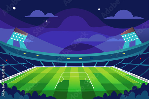 Empty soccer stadium at night with bright floodlights