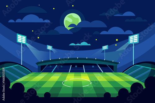 Nighttime football stadium with bright lights and full moon