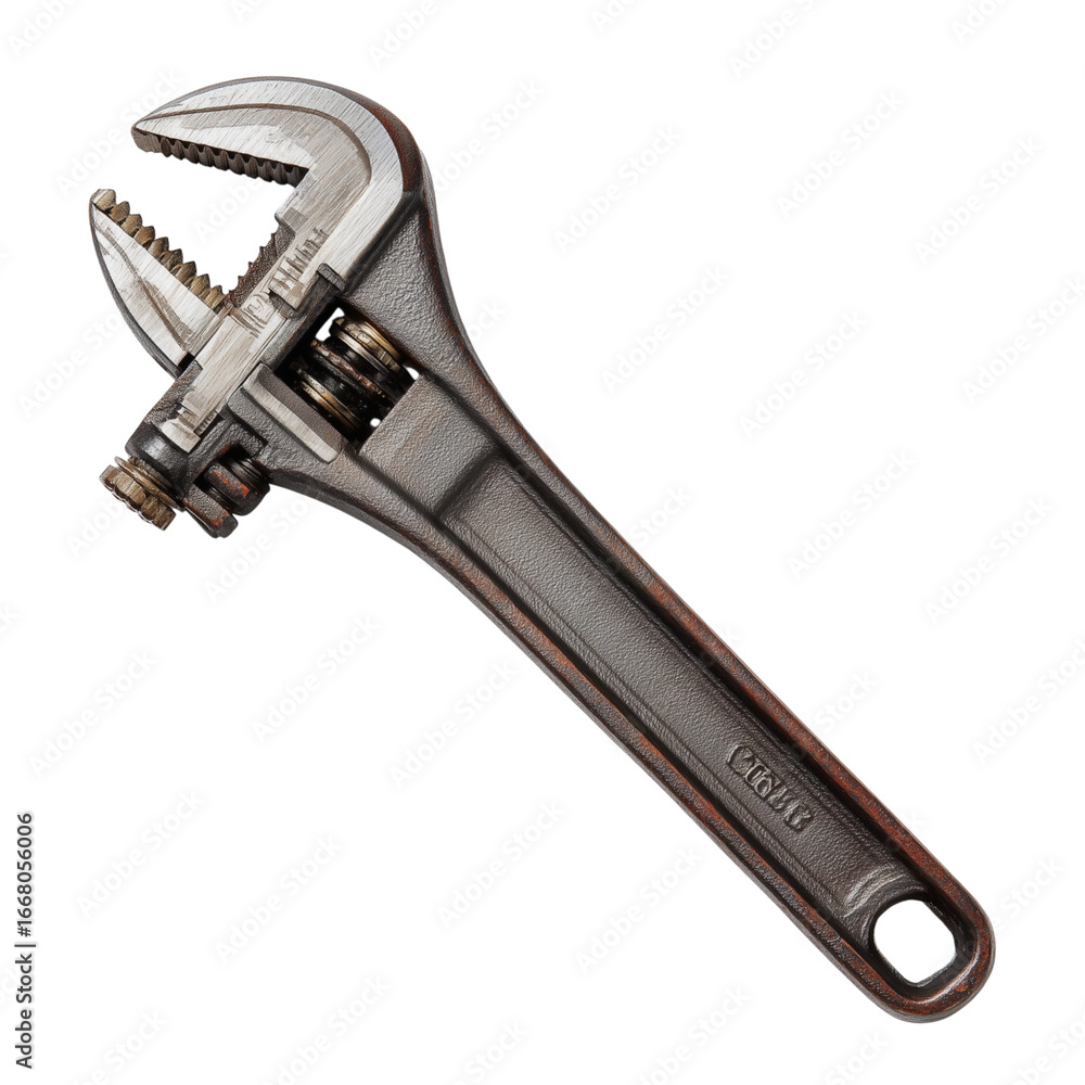 Obraz premium A pipe wrench with serrated jaws, designed for gripping and turning pipes securely, highlighted on a white background