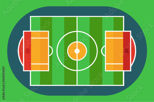 Top down view of a stylized soccer field with grandstands