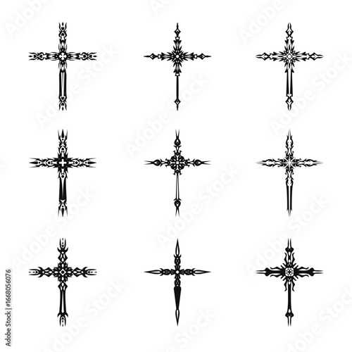 Christian cross vector icon symbols.  Abstract christian religious belief or faith art illustration for orthodox or catholic design. The symbol of the cross in various designs used in tattoo.	