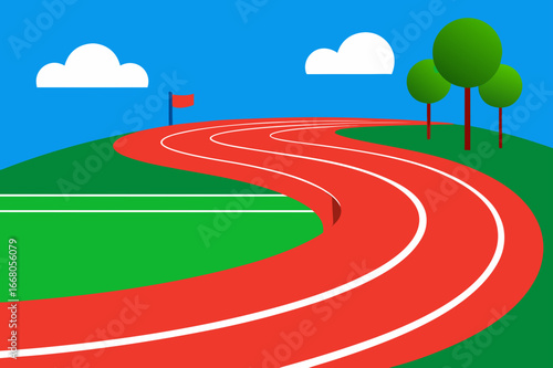 Vibrant running track under a blue sky with clouds and trees