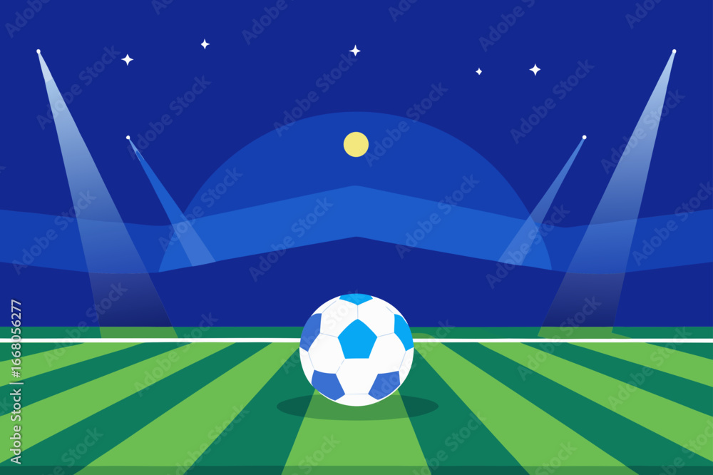 Naklejka premium Soccer ball on a stadium field under bright spotlights at night