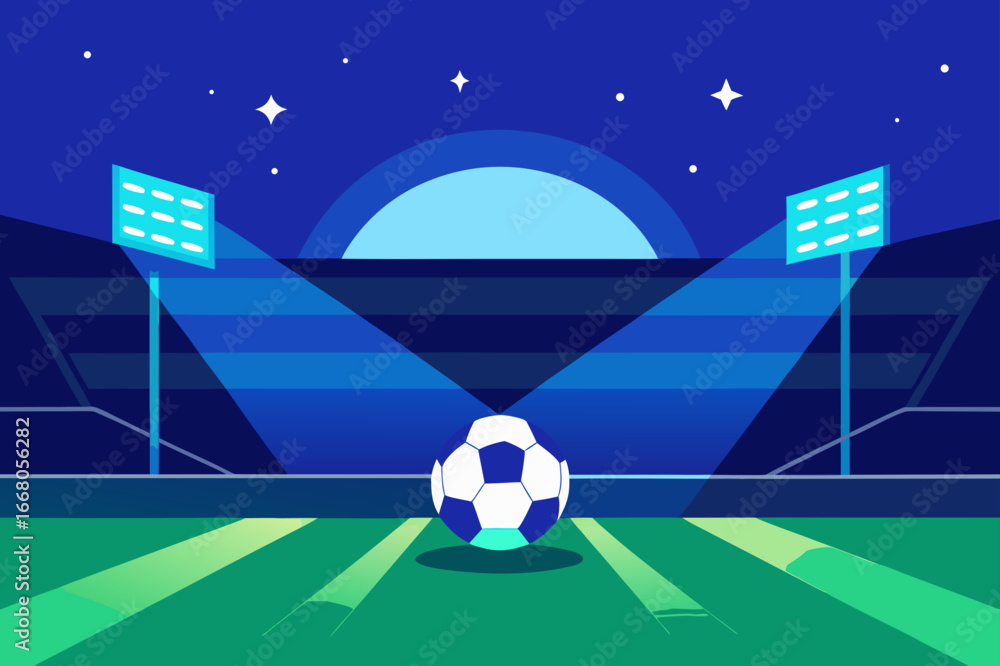 Naklejka premium Soccer stadium at night with a ball on the field under stadium lights