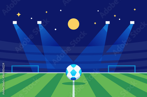 Soccer stadium at night with a ball on the field