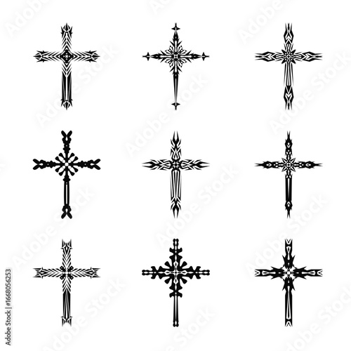 Christian cross vector icon symbols.  Abstract christian religious belief or faith art illustration for orthodox or catholic design. The symbol of the cross in various designs used in tattoo.	