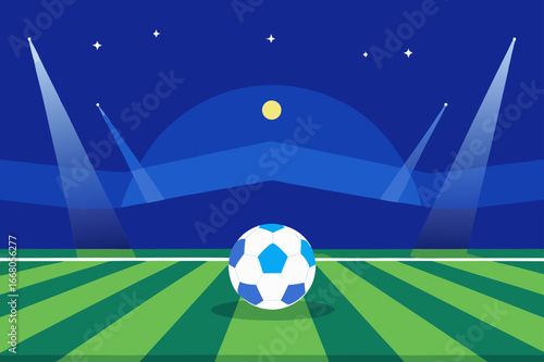 Soccer ball on a stadium field under bright spotlights at night