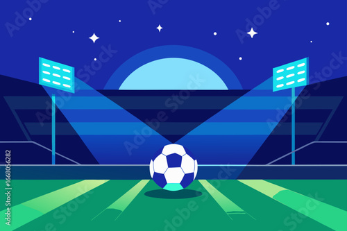Soccer stadium at night with a ball on the field under stadium lights