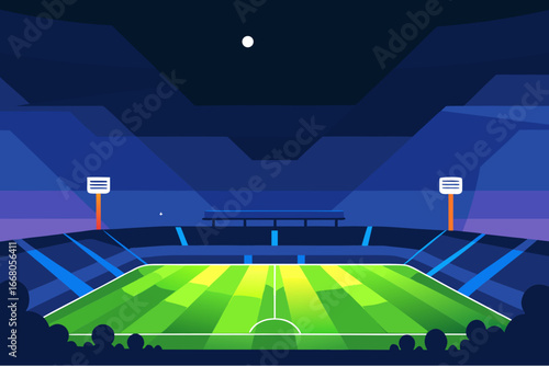Modern flat design soccer stadium at night with moon