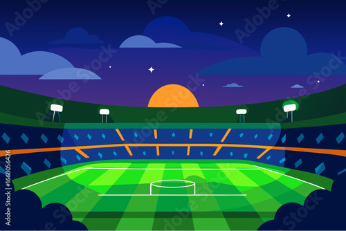 Vibrant football stadium under a twilight sky