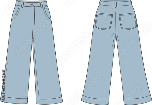 Wide leg jeans front and back view, casual denim pants illustration, fashion flat sketch, cuffed hem trousers, clothing design template