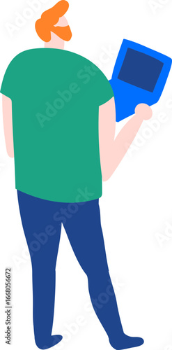 Flat vector illustration of man standing with tablet. Isometric casual male character holding device, modern digital lifestyle, technology and communication concept.